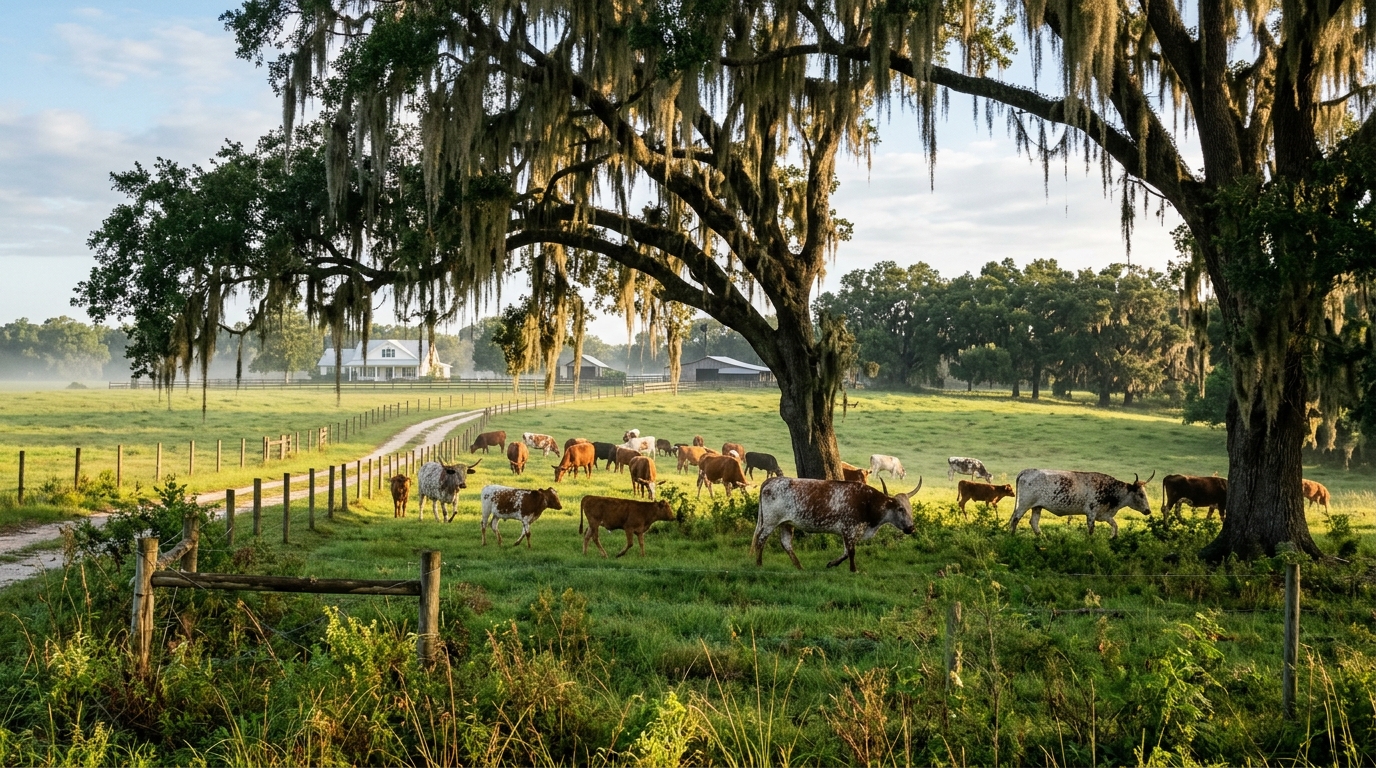 CA Livestock pasture cattle under Florida live oaks