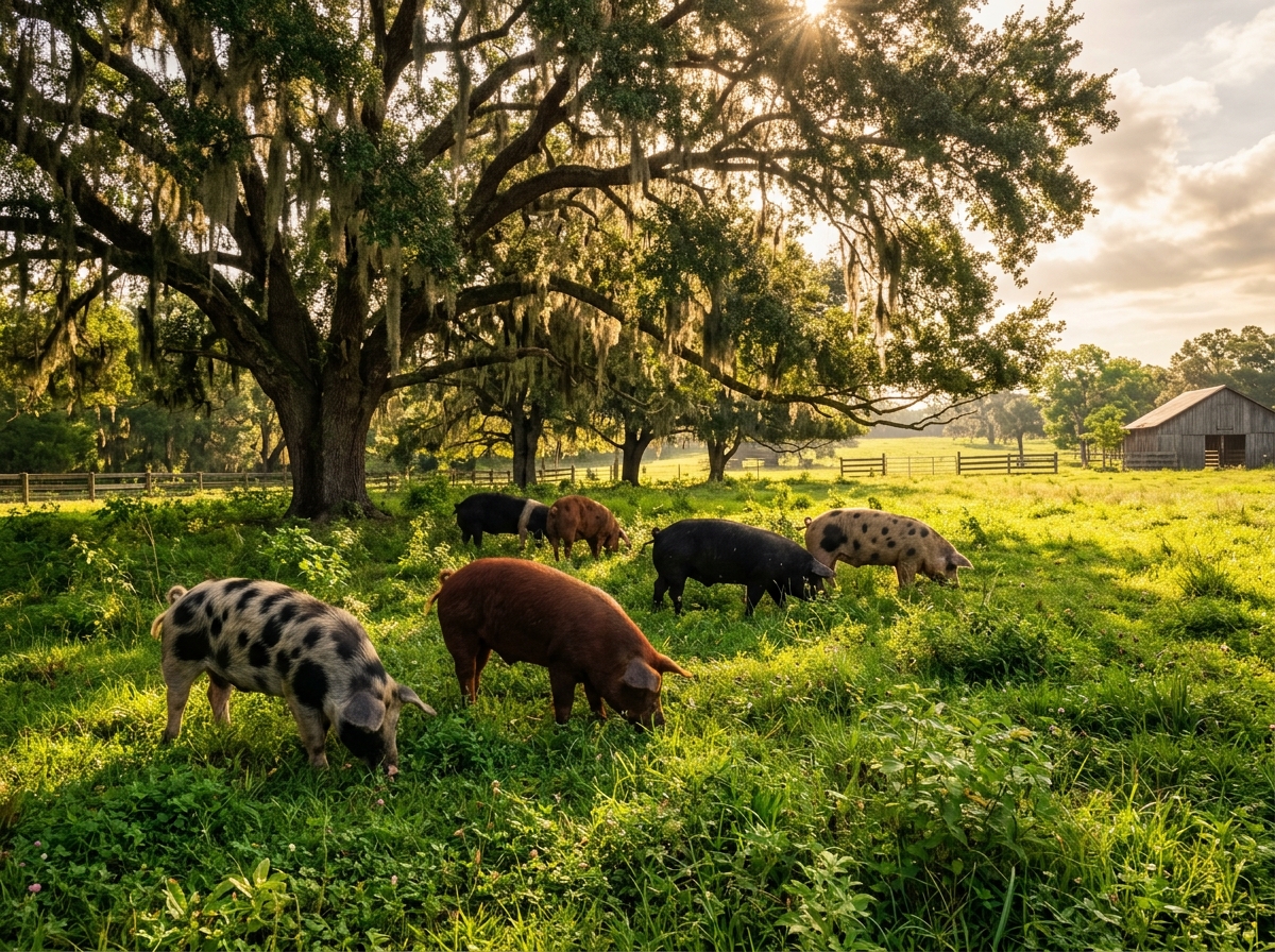 Crawford Acres Hogs heritage pasture pigs grazing under Florida oaks