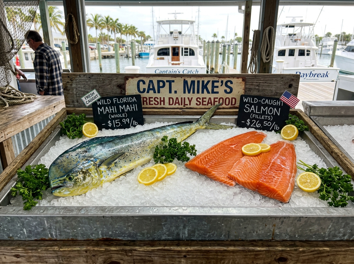 Kyle's Fish Market wild-caught Florida mahi mahi and salmon on ice
