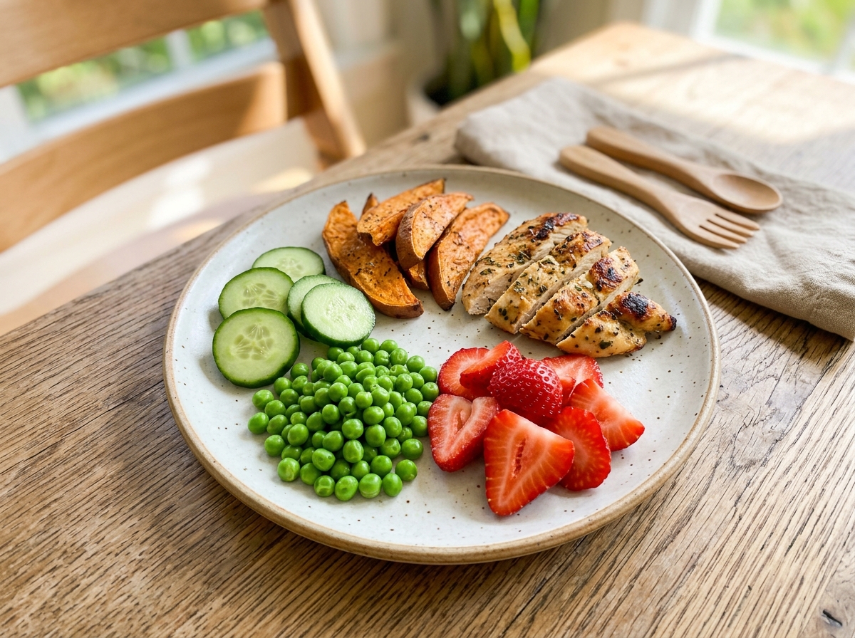 Vibrant scratch-made toddler plate with local herb chicken, sweet potatoes, cucumbers, peas, and berries