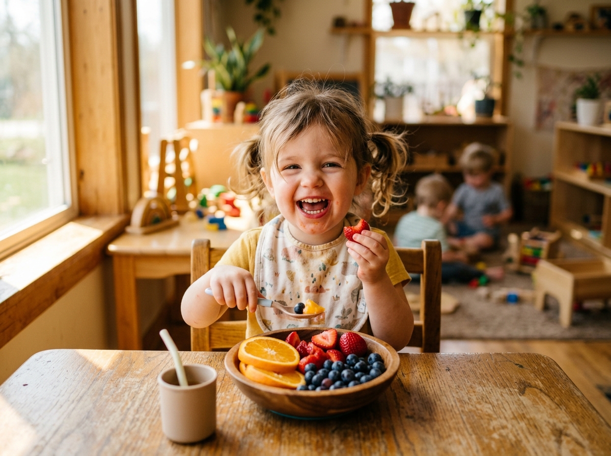 Joyful toddler happily eating fresh strawberries, sliced Florida oranges, and berries with a big smile