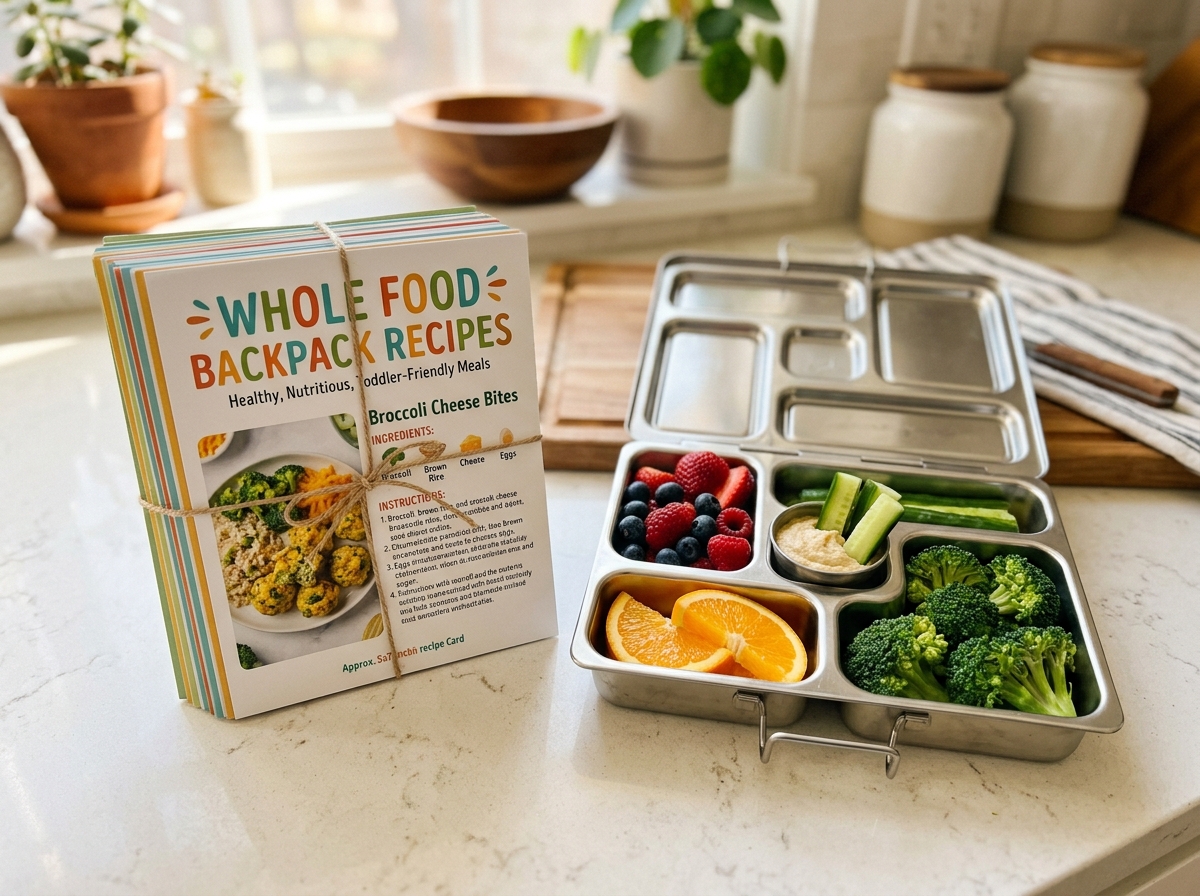 Whole Food Backpack Recipe Cards stacked next to a toddler bento lunchbox on a clean kitchen counter