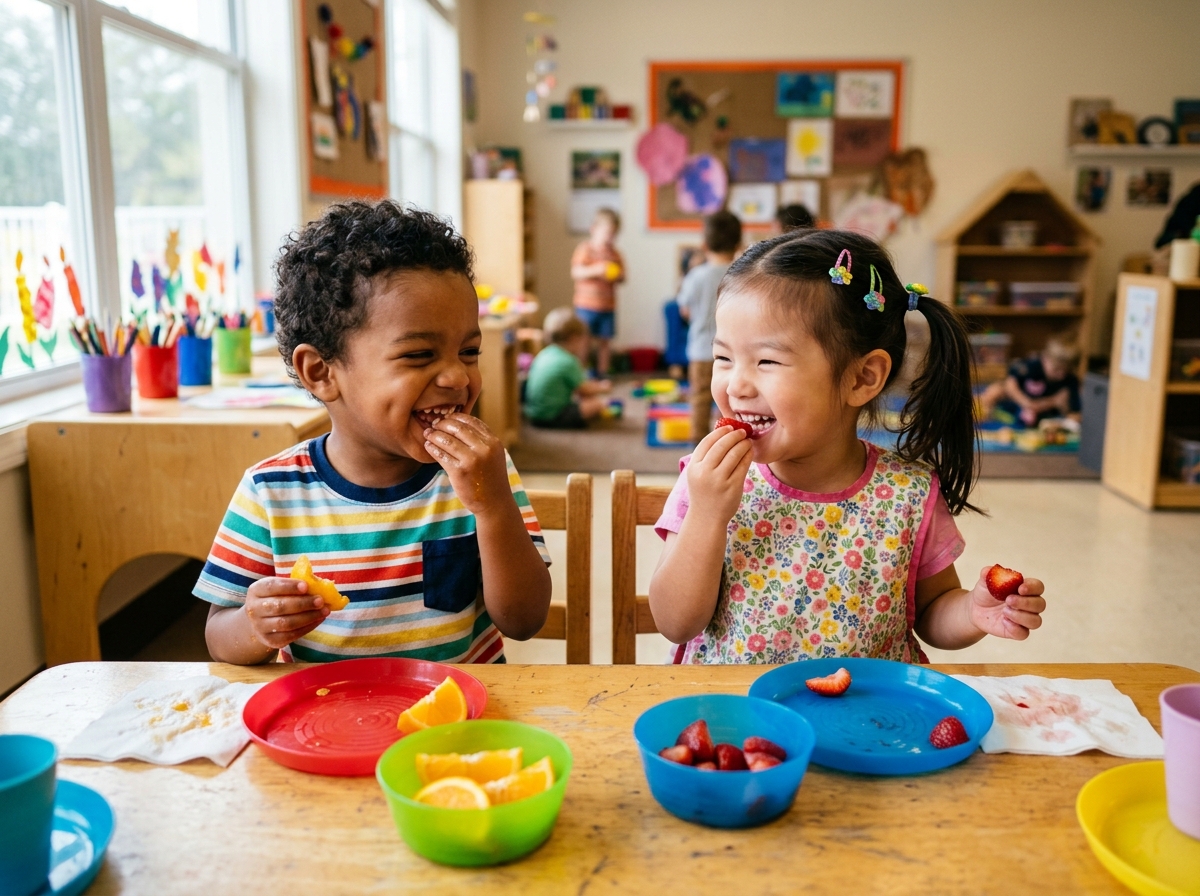 Happy preschool children enjoying healthy farm meal at daycare table