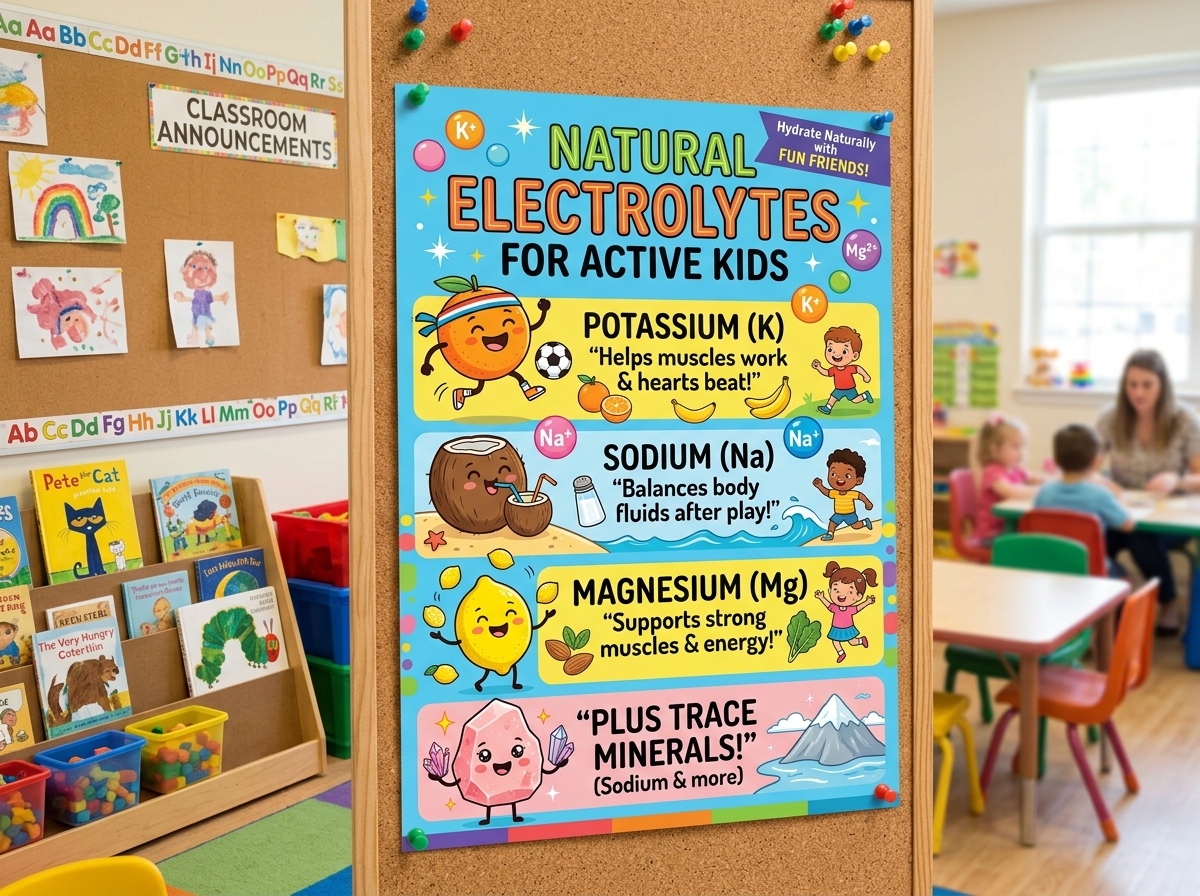 Natural Electrolytes for Active Kids educational wall poster pinned to classroom cork board