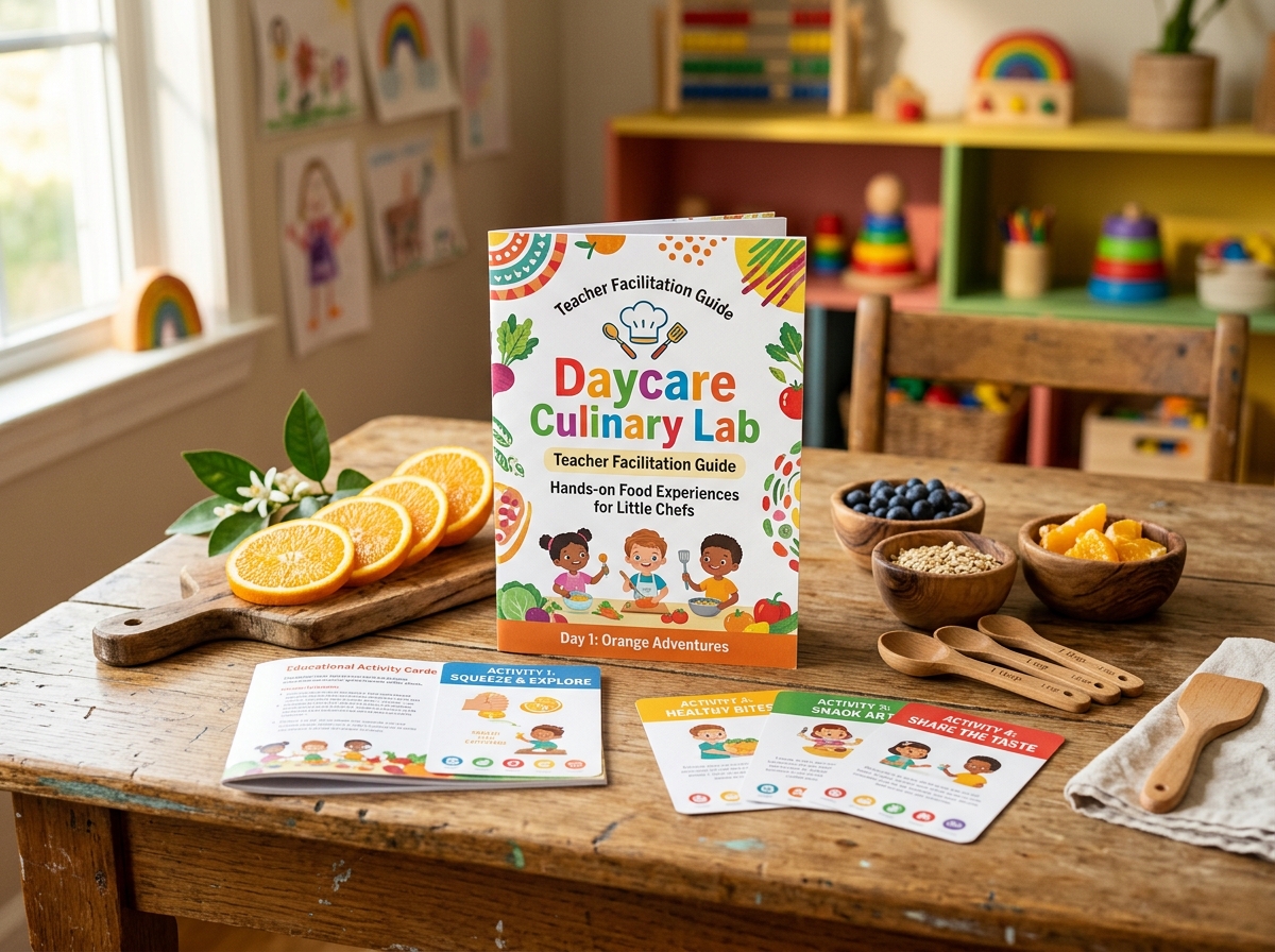 Teacher Facilitation Guide booklet open on preschool classroom table with fresh Florida orange slices and wooden prep bowls